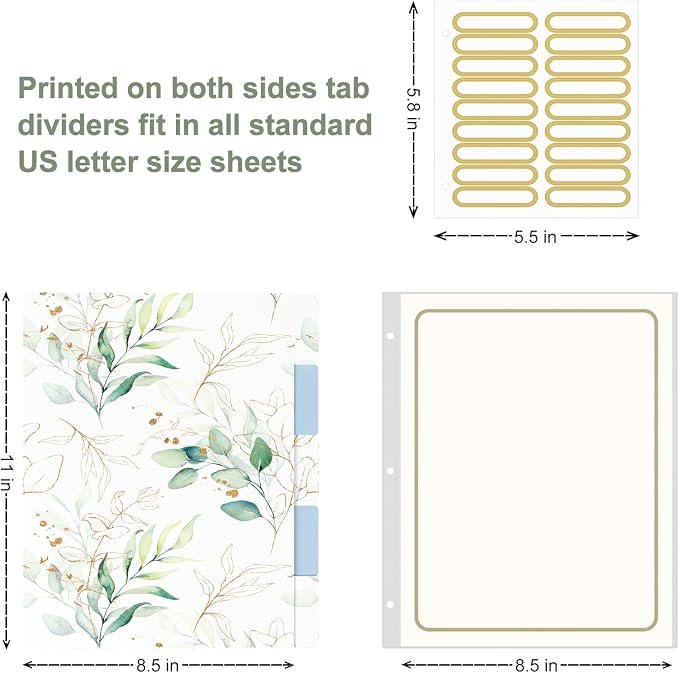 Rouidr 3 Ring Binder, 2 Inch Round Ring Binder Organizer with Clipboard, 5 Dividers Tabs, A4 8.5 x 11 Inch Paper & Clear Sleeves for School, Office Supplies, Leaves