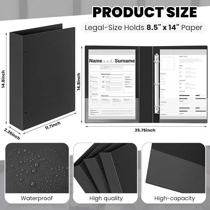 Henoyso 4 Pcs Legal Size Binder 3 Ring 2" Durable Black Binders for 8.5" x 14" Paper Hold up to 375 Sheets for Documents Artwork Blueprints, Office, Home, Work Places