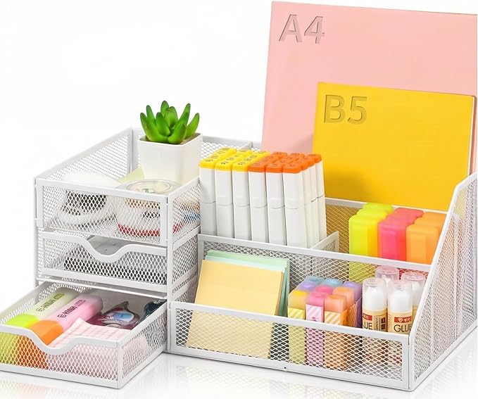 Lavatino Mesh Desk Organizer with 6 Compartments & 2 Drawers, Larger Multi-functional Desktop and Workspace Accessories Organizer for Office, Classroom, Dorm Supplies (White)