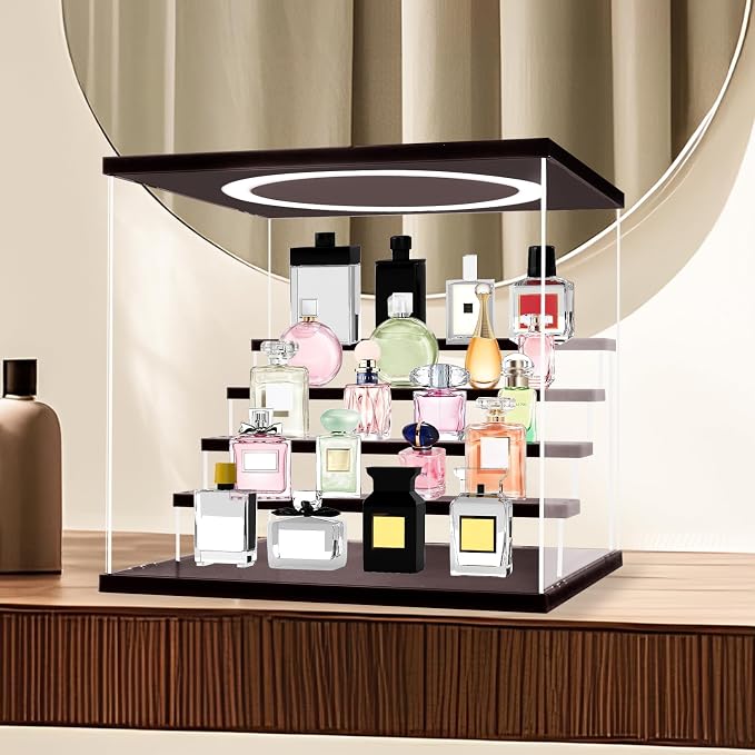 Acrylic Display Case with Adjustable LED Light, 6 Tier Clear Display Box Dustproof Showcase for Action Figures, Collectibles and Mini Toys, Assembly Display Cabinet(Black 15.5*12.5*16.7in)
