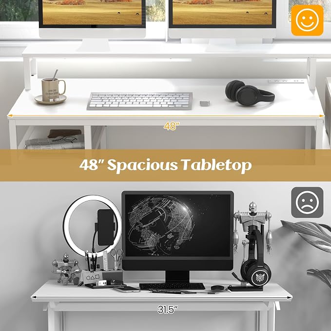 GIANTEX Computer Desk with Drawer, 66 Inch Computer Workstation with Charging Station, Monitor Stand, Printer Cabinet, CPU Stand & File Drawer, Gaming Table Writing Desk for Bedroom, White
