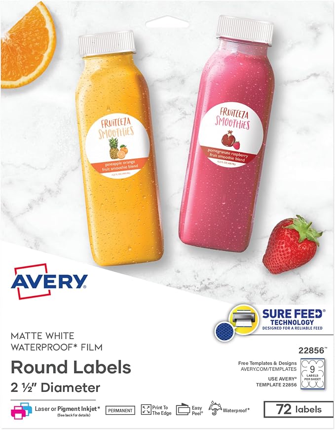 Avery Durable Waterproof Round Labels, Sure Feed Technology, 2.5" Diameter, White, Laser & Pigment-Inkjet Compatible, 72 Blank Labels Total, Great for Branding, Packaging, and More (22856)