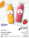 Avery Durable Waterproof Round Labels, Sure Feed Technology, 2.5" Diameter, White, Laser & Pigment-Inkjet Compatible, 72 Blank Labels Total, Great for Branding, Packaging, and More (22856)