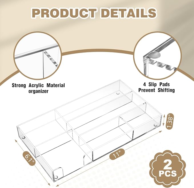 Briwooody 2 Pcs Clear Acrylic Desk Drawer Organizer 11 x 6 x 1.38 Inch Drawer Organizer Trays with 6 Compartments Desk Accessories for Office Makeup Silverware Bathroom