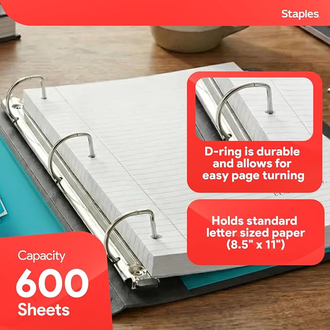 Staples Heavy-Duty 3-Inch D-Ring Binder, Teal, Holds 600 Sheets | Large-capacity 3-ring binder with interior pockets for document storage.