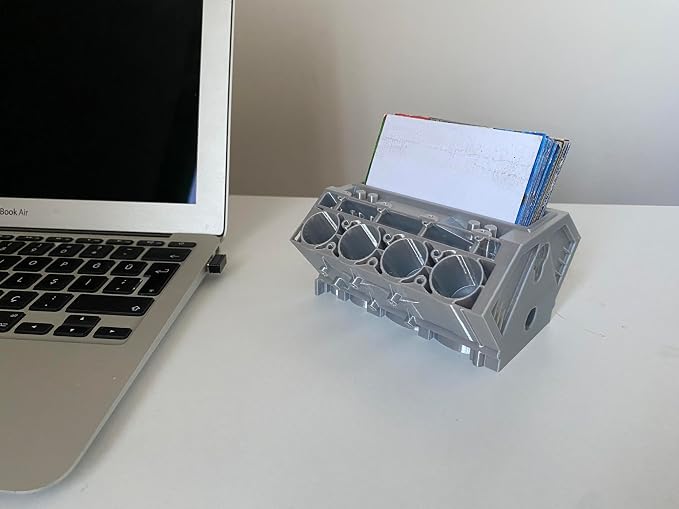 V8 Engine Business Card Holder - Shiny Silver Desk Decoration for Car Enthusiasts | 3D Printed PLA