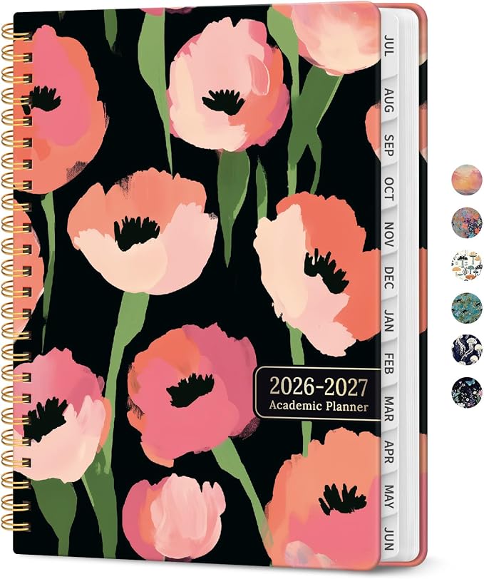 Taja Planner 2026-2027, Jul 2026-Jun 2027 Monthly & Weekly Calendar Book | 6.3" x 8.5", Hardcover Academic Calendar with Tabs, Teacher Student Agenda Book for School Office Supplies - Midnight Poppies