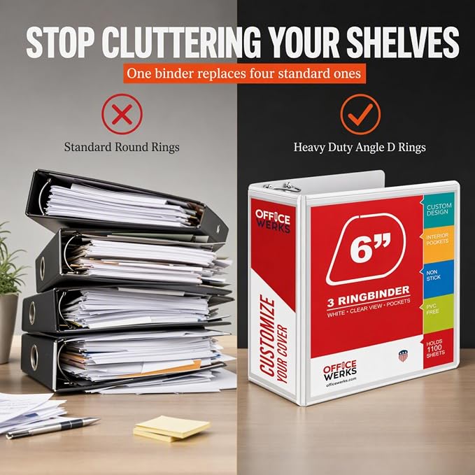 3 Ring Binders, 6 Inch D Ring Heavy Duty Large Binder with Pockets for 8.5" x 11" Sheet Size, Durable Non-Stick Customizable Clear View Cover (White)