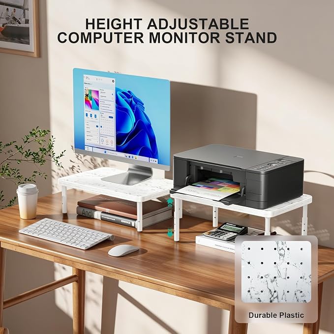 WALI Computer Monitor Stand for Desk, Adjustable Laptop Riser, up to 44 lbs | Desk Monitor Riser Underneath Storage, Fits Notebook, Laptops, Printers, for Home, Office, School(PTT001-M), Marble