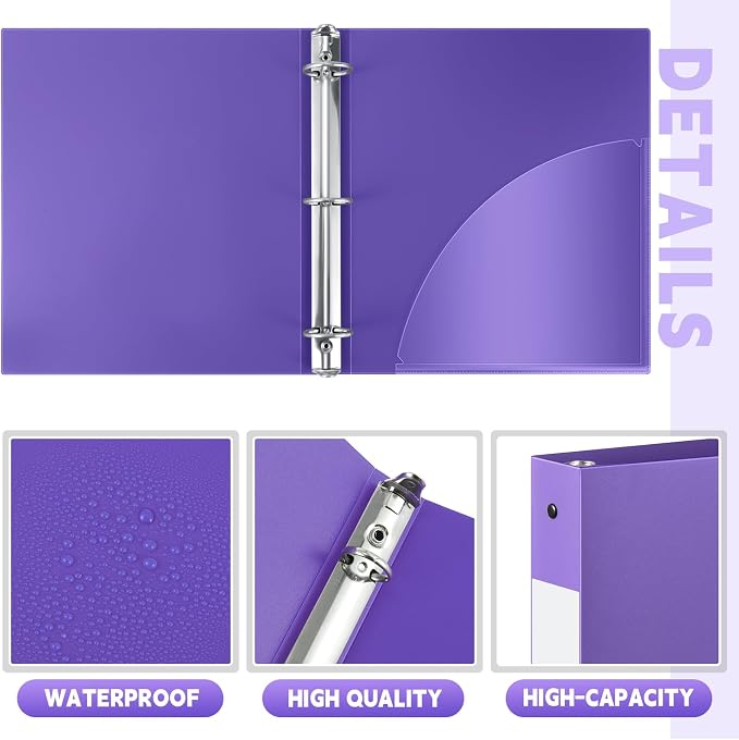 Skyygemm 36 Pack 1 Inch 3 Ring Plastic Binders, Bulk Flexible PP Binders for Classroom & School Supplies, Letter Size 8.5 x 11, Holds 240 Sheets with Interior Pocket (Purple)