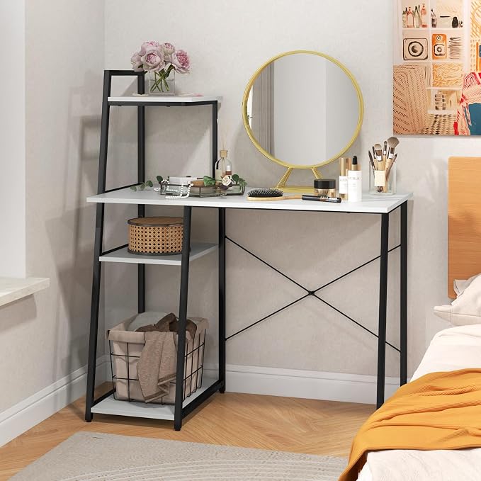 GIANTEX Computer Desk with Shelves, 47.5” Home Office Desk with Bookshelf, Host Stand, Metal Frame, PC Laptop Workstation, Modern Study Writing Desk for Bedroom, Small Space (White & Black)