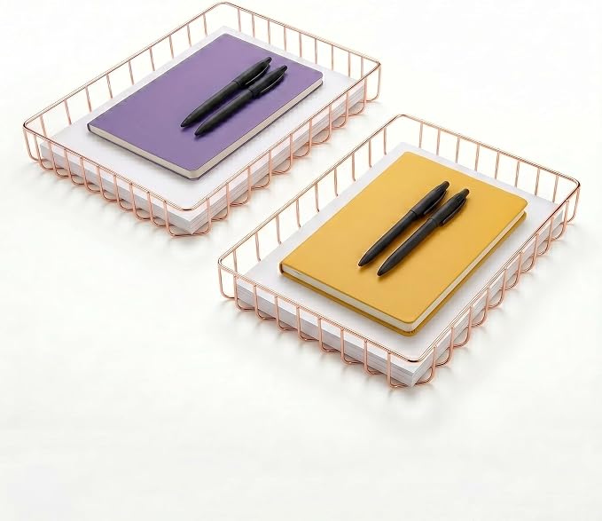 Elegant Wire Desk Tray Organizer - Multipurpose A4 Letter Size File Tray, Premium Metal Mesh Document & Magazine Holder, Storage Basket for Office, Vanity, & Bathroom, Rose Gold, 2 Pack