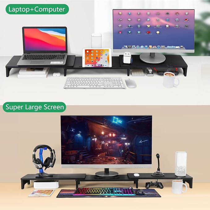 Nnewvante Monitor Stand Riser, 60 inch Bamboo Triple Monitor Stand for Desk | Black, Adjustable Length Angle, 3 Shelves Desktop Screen Riser, For Computer Laptop PC