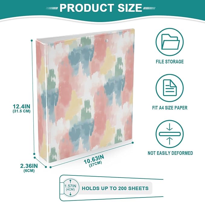 Abstract Art Pastel Color Watercolor 1.5 Inch Binders 3 Ring with Clipboard&2 Pockets Large Heavy Duty Binders Decorative D-Ring Binder Flexible Hardcover Binders, Holds 200 Sheets, 2 Pack