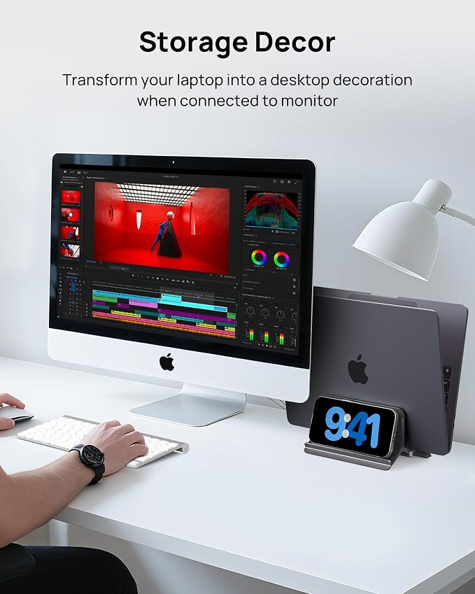 Vertical Laptop Stand for Desk, Aluminum Laptop Holder Compatible with MacBook Pro, MacBook Air Stand Up to 17 inch, Gravity Auto-Lock Cooling, 3in1 Space Saving Desk Organizer Accessories, Gray