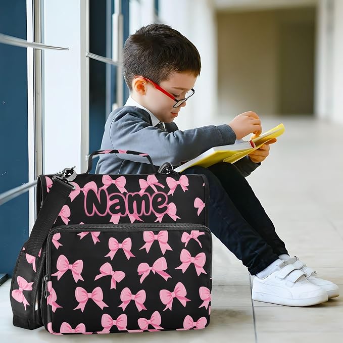 Custom Pink Bow Black Background 3 Ring Binder Bag 1.5 inch Personalized Name Binder Organizer 500 Sheet Documents Storage for School Office