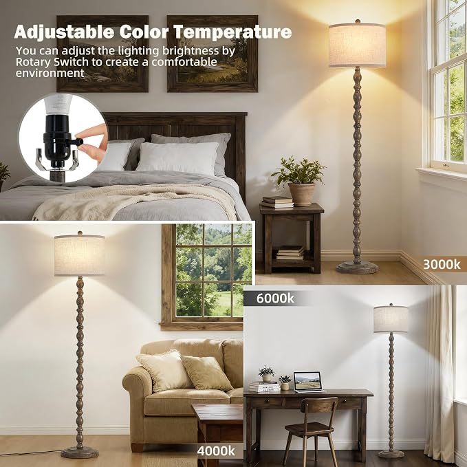 62" Floor Lamp, Adjustable Color Temperature Farmhouse Standing Lamp, Retro Rustic Tall Floor Lamps with Rotary Switch, Resin Standing Lamp for for Living Room,Bedroom,House, Office(Grayish Brown)