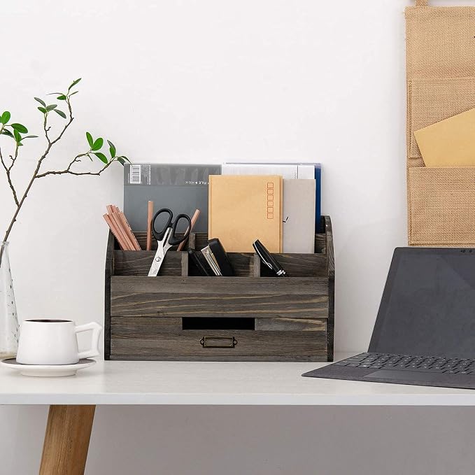 Rustic Wood Desk Organizer and Storage with Drawer and Pen Holder Bill Mail Organizer and Mail Holder for Countertop Kitchen Desk Decorative & Workspace Organizers(Rock Grey)