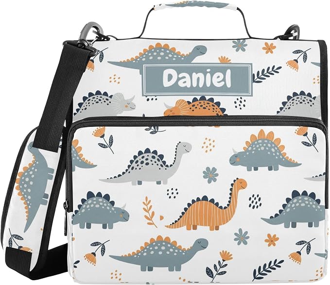 Custom Dinosaurs Flowers White Pattern 3 Ring Zipper Binder with Shoulder Strap & Handle 1.5 Inch D-Ring Zippered Bag with Multiple Pocket, Personalized Binder Organizer for School or Office