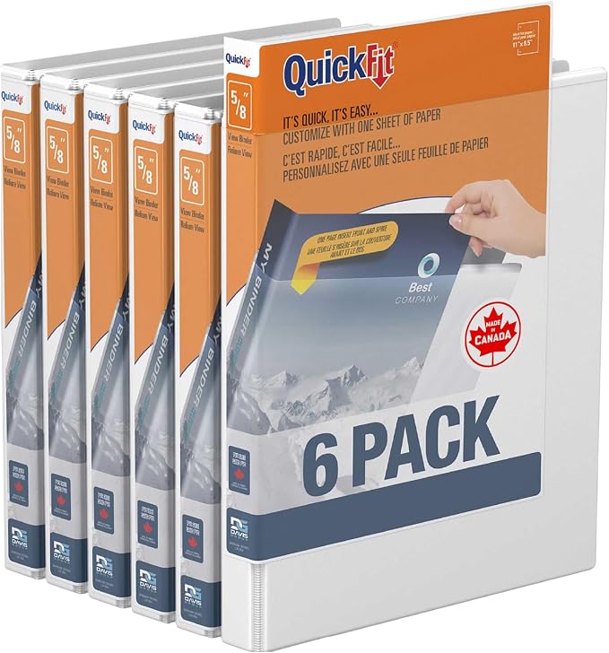 QuickFit View Binder, 3-Ring Binder for School or Office, Round Ring, White, 6 Pack, 5/8 Inch