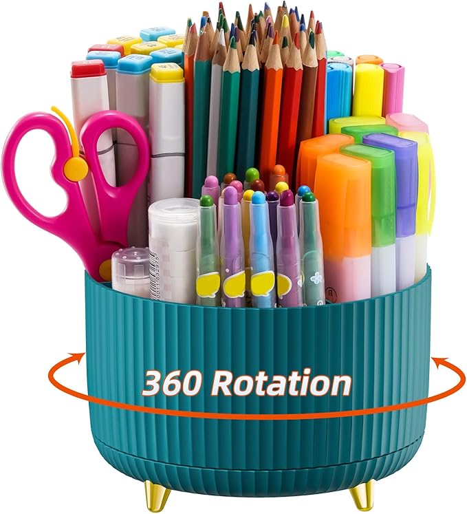 Marbrasse Desk Organizer, 360-Degree Rotating Pen Holder, Desk Organizers and Accessories with 5 Compartments Pencil Organizer, Art Supply Storage Box Caddy for Office, Home（Green）