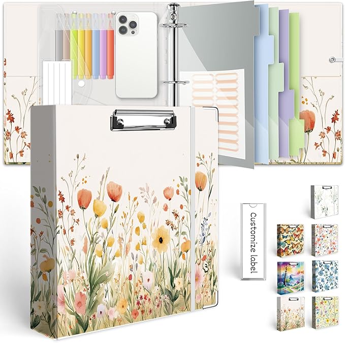 3 Ring Binder 2 Inch for 8.5"x11" Paper, Three Ring Binders with Clipboard, 5 Dividers with Tabs and Pockets, Decorative Binder with Pen Holder,Weed