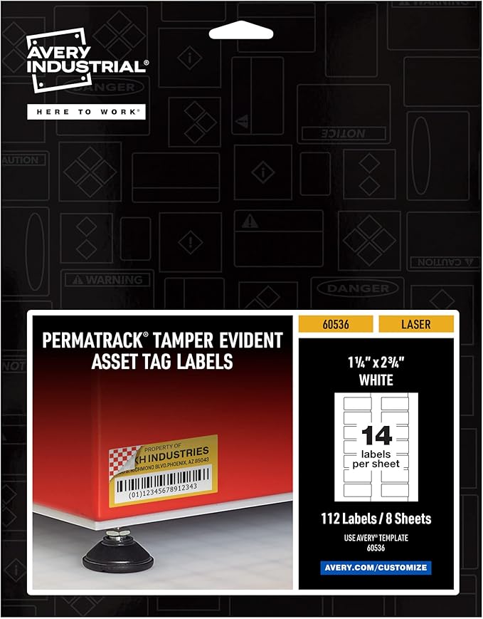 Avery White Asset Tag Labels, 1-1/4" x 2-3/4", Tamper-Evident Laser Printable Tags, 112 Waterproof Labels (60536)