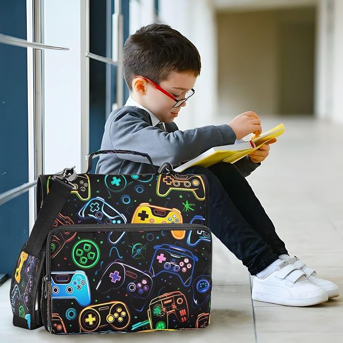 Colorful Video Game Controllers Zipper Binder for School with Shoulder Strap & Extra Pockets - 1.5 Inch 3-Ring Binder Holds 500+ Sheets, Textbooks, Laptop
