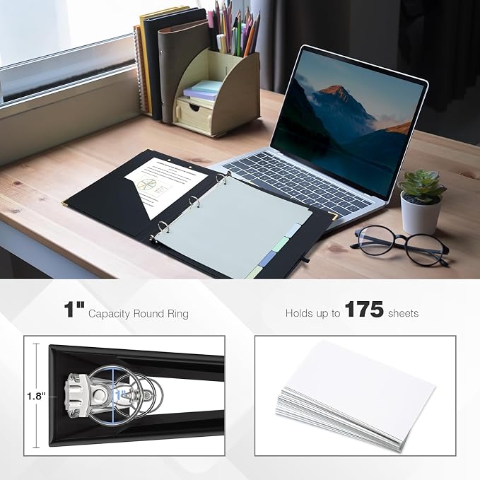 Ospelelf 3 Ring Binder 1 Inch, Clipboard Binders for Letter Size Documents (11" x 8.5") with 5 Tab Dividers, File Folder Labels, Black Organizer for School and Office Supplies