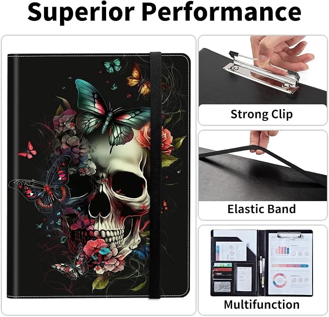 Padfolio/Portfolio Folder Clipboard,Padfolio Clipboard,Writing Portfolio Leather with Cover for Card Holder Slot Letter Size A4 for Office Conference Notepad Clip Boards,Skulls Art Butterflies