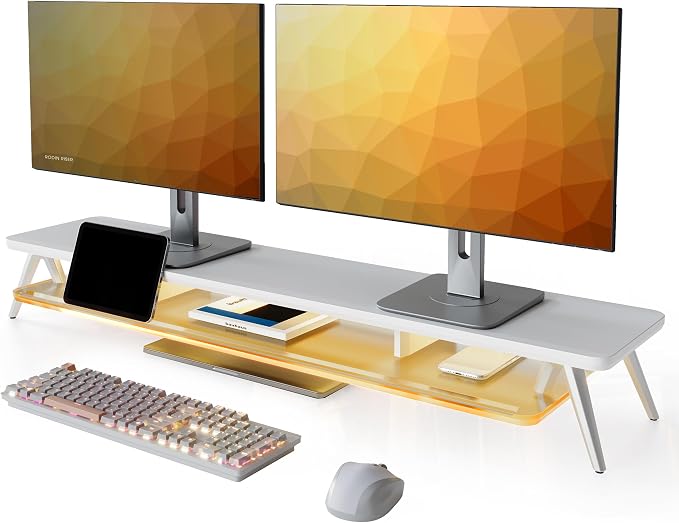 Fenge Dual Monitor Stand Riser with Phone & Tablet Slot, White | Thickened Frosted Acrylic Shelf, Aluminum Legs, 2-Tier Storage, 42.5-Inch Desk Shelf for Gaming, Home Office & Streaming