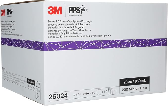 3M PPS 2.0 Spray Gun Cup, Lids and Liners Kit, 26024, 28 oz, Large | 200-Micron Filter, 1 Paint Cup, 50 Disposable Lids and Liners, 32 Sealing Plugs, Use w/ Paint Gun for Cars, Furniture, Home