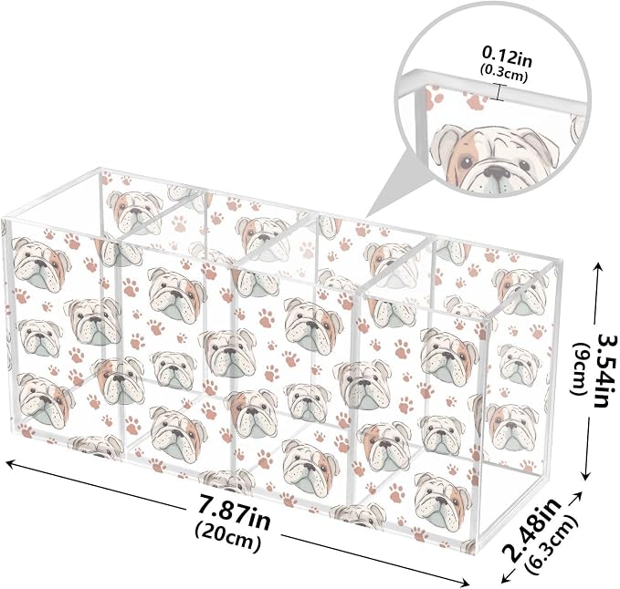 English Bulldog Dog Paw Print 4 Compartment Acrylic Pencil Holder, Printed Pencil Holder Makeup Brush Holder Acrylic Desktop Accessories for Pencil Cutlery Toiletries Storage