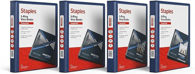 Staples 1/2" 3-Ring View Binder, D-Ring, Navy Blue, 4/Pack