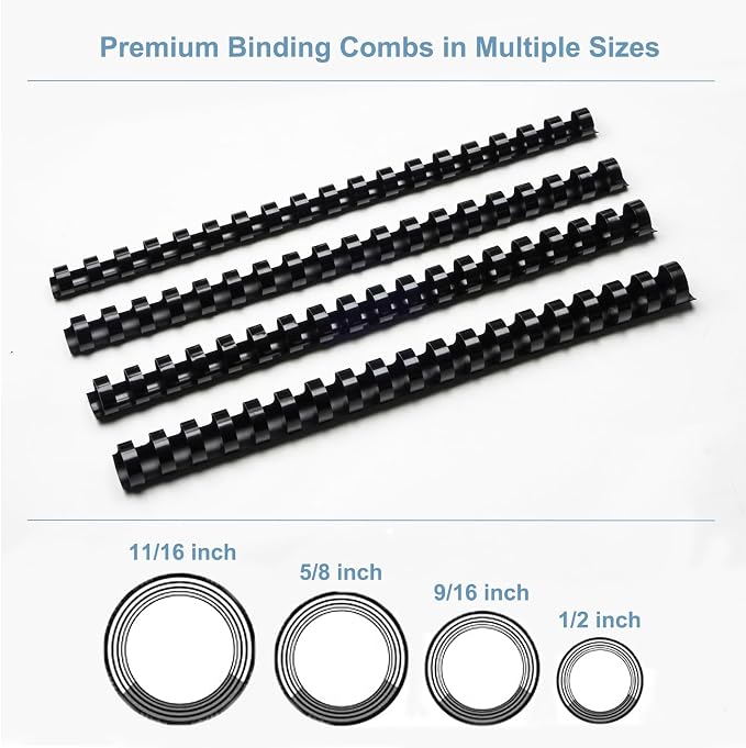 Rayson CR12141618BK Plastic Binding Combs 1/2in. 9/16in, 5/8in, 11/16in, 19-Ring Letter Size, Black Comb Binding Spines, Multi-Size Pack of 80