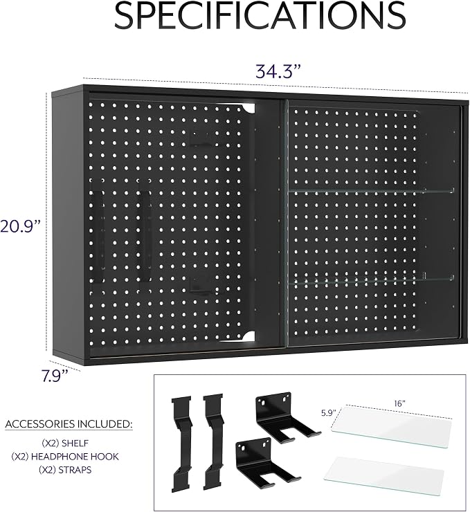 Pegboard Cabinet with Glass Door, Wall Mounted or Freestanding Storage Display Case, Black, LF-GDPC1
