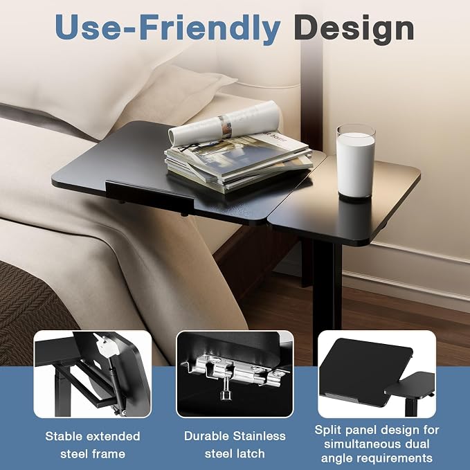 DUMOS Adjustable Bedside Overbed Table with Wheels, Black | Laptop Standing Desk with Tilting Top Height, Mobile Rolling Computer Cart for Hospital Home Bedroom Use