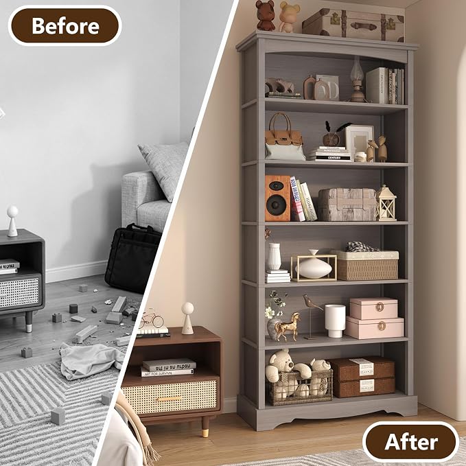 TVU 6-Tier Wooden Bookshelf, 76 Inch Tall Bookshelf with Storage, Floor Standing Modern Style Display Bookcase for Living Room, Office, Study Room, Entryway, Grey