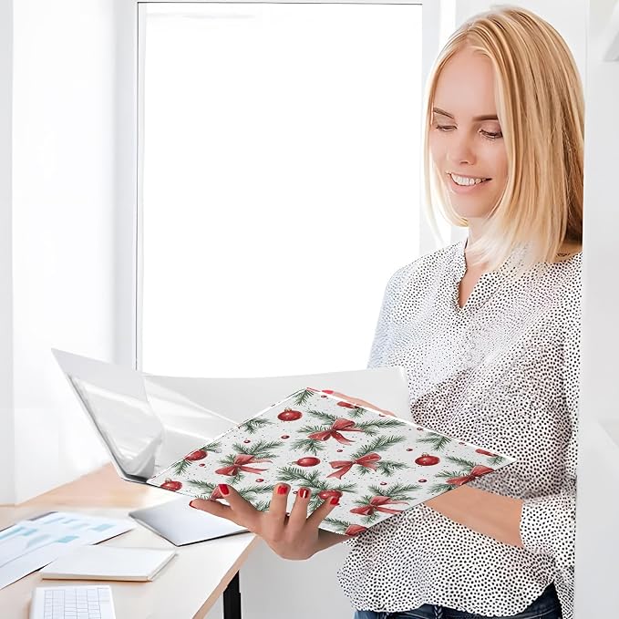 Watercolor Christmas Red Bows and Green Fir 3 Ring Binder 1.5" Decorative D-Ring Binder with Clipboard&3 Clear Pockets, Holds 200 Sheets A4 Size Paper Waterproof Binders for School Home Office