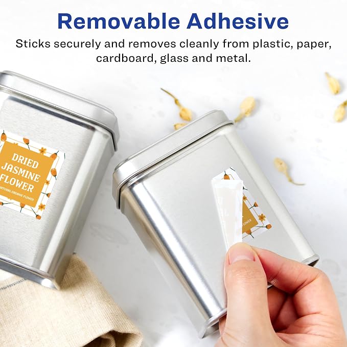 Avery® Matte White Removable Square Labels, Sure Feed® Technology, Print-to-The-Edge, 1" x 1", 2,400 Removable Labels, Laser/Inkjet Printable
