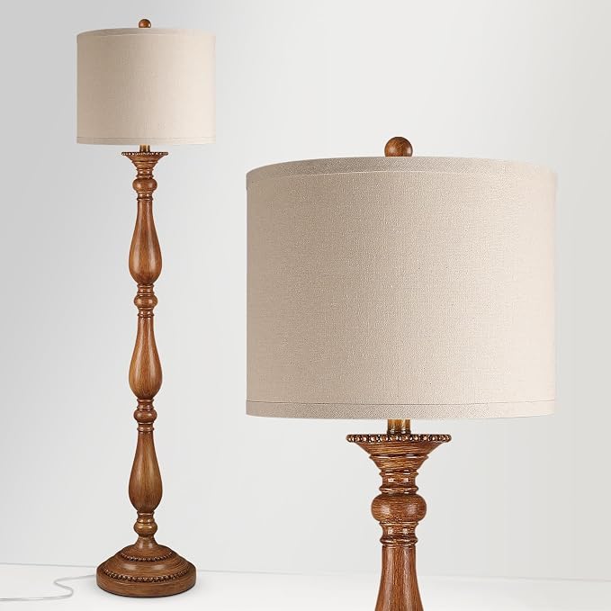 Vintage Floor Lamp for Living Room, Rustic Farmhouse Standing Lamp with Rotary Switch and Linen Shade, Retro Resin Floor Lamp for Bedroom, Corner, Dining Room, House Decor, Wood Grain