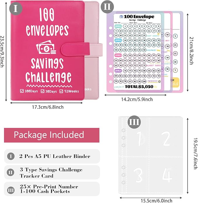 2 Pack 100 Envelopes Money Saving Challenge, Cash Budget Planner A5 Binder | Savings Challenges Book Organizer Folder with 3 Tracker to Save $5,050 $2,600 $300, 100 Pre-numbered Pockets, Red & Pink