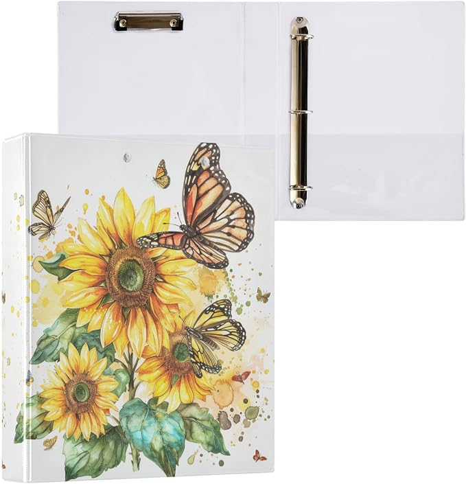 JIPONI 3 Ring Binder Sunflowers & Butterflies 1 Inch Round Binders for Men Women Students, Cute File Organizer for Office Home School