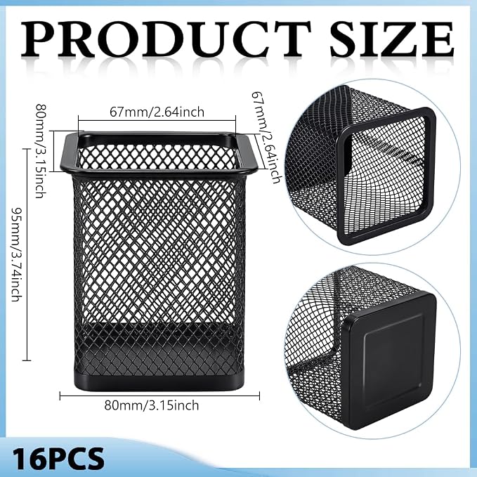 16 Pack Square Black Pen Holder, Metal Mesh Pencil Cups Bulk Pencil Holder Organizer Mesh Pen Holder for Desk Office Supplies School Classroom Desktop Accessories Makeup Brush
