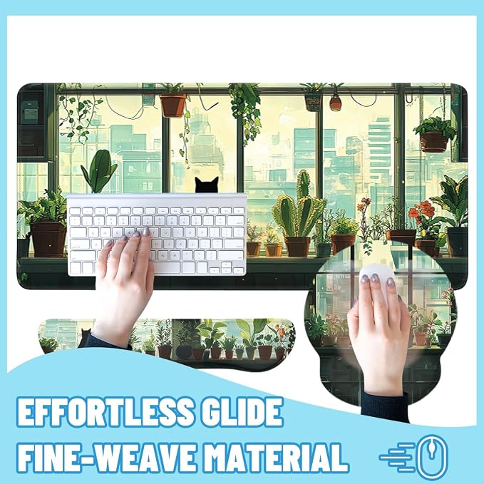 Cute Cat Mouse Pad Set Green Plants Cartoon Anime City Gaming Mousepad 4in1 Desk Mat for Desktop Wrist Support Cup Coaster Set Ergonomic Computer Desk Arm Wrist for Decor Home Office