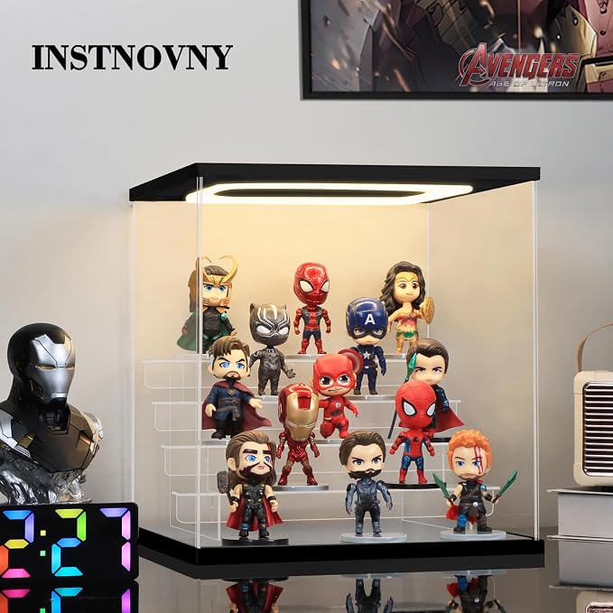 Clear Acrylic Display Case with Light 5 Tier Display Storage Box Assembly Dustproof Showcase for Collectibles Action Figures(Black, 12.0*10.8*12.5inch)