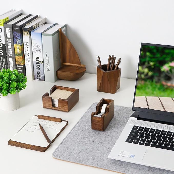 Buqoo Walnut Wood Sticky Note Holder Tape Dispenser Rhombic Pen Holder Set | 3pcs walnut wood desk accessories set with sticky note holder, tape dispenser and pen holder for an organized workspace