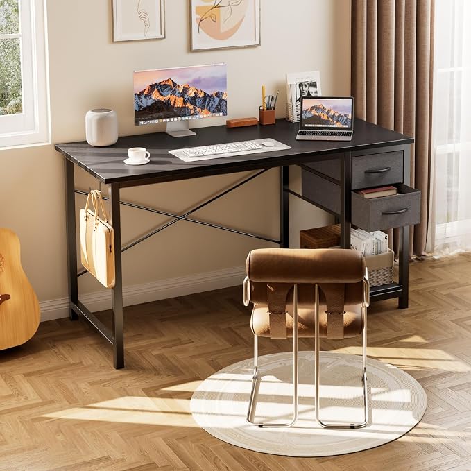 Sweetcrispy 40-Inch Computer Desk with Drawers, Office Desk, Black | Small Desk for Bedroom Home Office with Side Hook, Modern Simple Desk with Storage for Writing