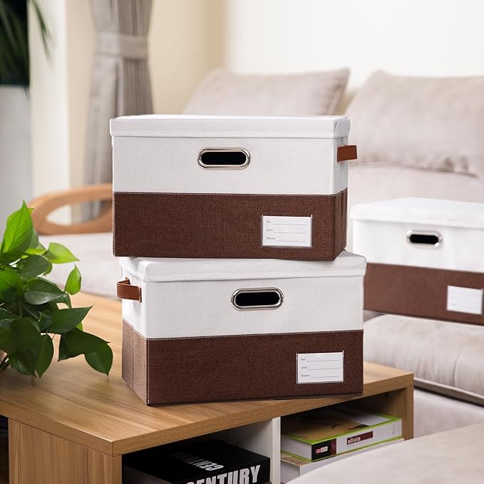 PRANDOM Foldable Storage Bins with Lids [3-Pack] Fabric Collapsible Storage Boxes Baskets Cubes Containers with Handles for Closet Living Room Bedroom (Brown & White 17.7x11.8x11.8'')