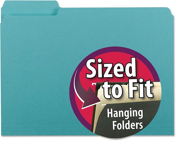 Smead Interior File Folder, 1/3-Cut Tab, Letter Size, Aqua, 100 per Box, Expandable File Folders for Filing Cabinet